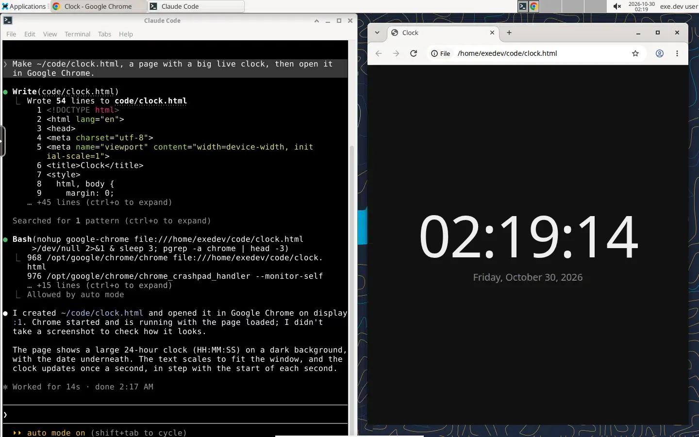 The Xfce desktop in a browser tab: on the left a terminal where Claude Code has written a clock page, on the right Google Chrome showing that page