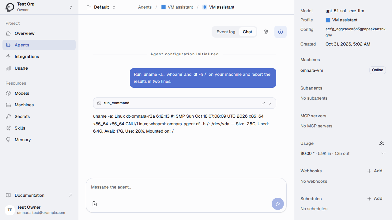 Omnara's agent chat: asked to run uname -a, whoami and df -h, the agent calls run_command and answers with the VM's kernel, the user omnara-agent, and 17 GB free disk. The side panel shows the model gpt-6.1-sol on exe-llm and the machine omnara-vm online.