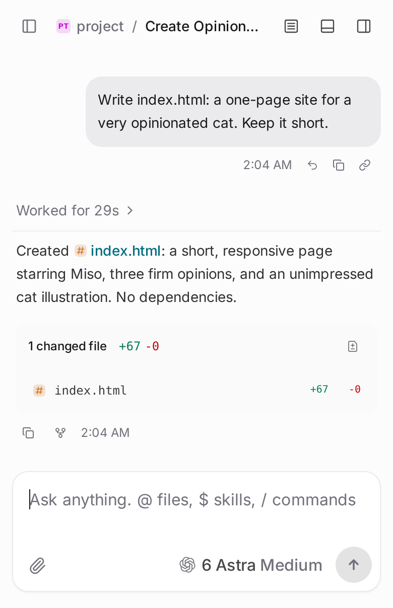 T3 Code on a phone: a finished thread that created index.html, with one changed file, +67 lines
