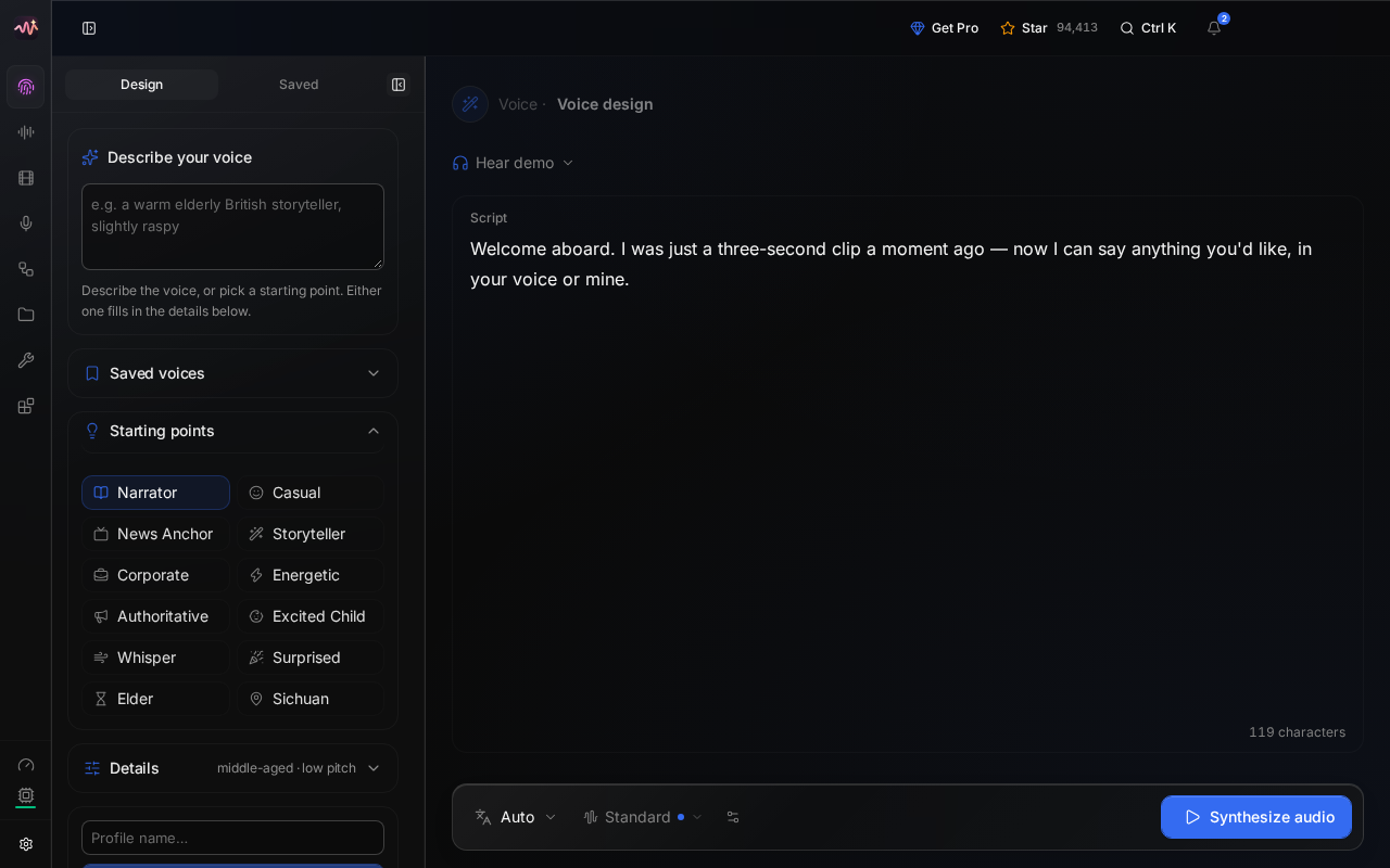 VoiceStudio's Design screen in the browser: a voice description box, starting points such as Narrator and Storyteller, a script, and a Synthesize audio button
